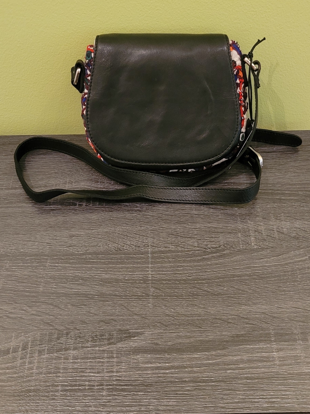 Embroidered Multi-Color Crossbody Bag with Dark Green Flap